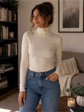 Ribbed Cream Turtleneck Sweater Top